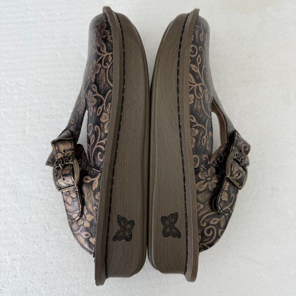 Size 40 Alegria Floral Embossed Leather Clogs Mary Jane Mule Brown Comfort Shoes - Picture 6 of 13